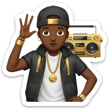 rapper emoji with boombox on shoulder, gold watch, energetic pose sticker