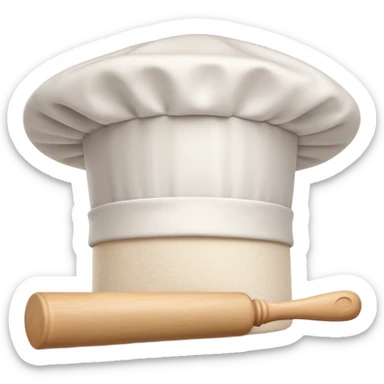 Cinematic Realistic Chef Hat & Rolling Pin, crisp white cotton hat with soft folds, resting beside a classic wooden rolling pin with smooth, polished curves, a light dusting of flour adding authenticity, warm kitchen lighting casting gentle shadows, glowing with a cozy and inviting charm. sticker