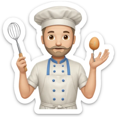 Middle aged male pastry chef - with a small beard, apron, white hat, holding an egg beater in his right hand, and his left hand naturally hanging down to his side sticker