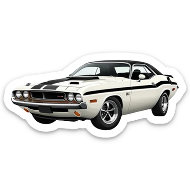 White 1971 Dodge Challenger muscle car with black racing stripes, minimalist style, vintage American muscle car, similar to the one from Death Proof movie sticker