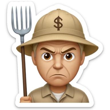 Angry man with a pitchfork and a cap that has a no symbol sticker