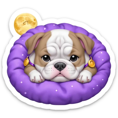 purple moon with a sleeping grey bull dog puppy with a purple collar sticker