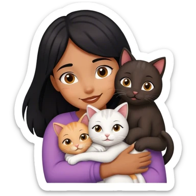happy black haired girl hugging three cats   sticker