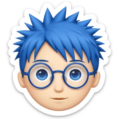 emoji style illustration of a chibi head inspired by
1,
big blue eyes, round glasses,
spiky dark blue hair,
cute flat emoji style,
simple clean lines,
white background,
high quality,
only head, no body sticker