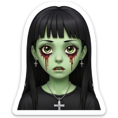 Zumbi verde com olhos castanhos aspecto de que tá sangrando, uma franja reta com cabelo preto um piercing do lado esquerdo do nariz, roupa preta e crucifixo como colar, e também delineador sticker