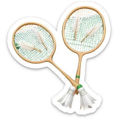 Two crossed badminton rackets with a shuttlecock resting in between, set against the faint outline of a badminton court. The image highlights the tools of the sport, with a subtle emphasis on the court's net and boundaries, symbolizing competition and skill. sticker