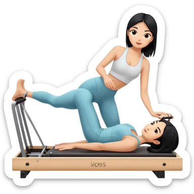 Girl with black hair doing Pilates on reformer machine sticker