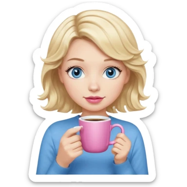Girl Blonde short wavy hair,  blue eyes, cute blue top, long lashes, pink lips, holding white hot coffee mug sticker