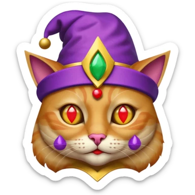 crazy colorful cute little cat jolly joker from poker, medieval, vintage, court jester, mac os icon, purple, gold and red color, half body. Squared shape as 3D mac os icon, symmetrical sticker