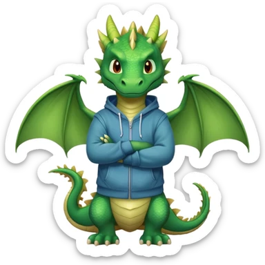 friendly anthropomorphised green dragon in a hoodie and jeans standing upright with arms folded sticker