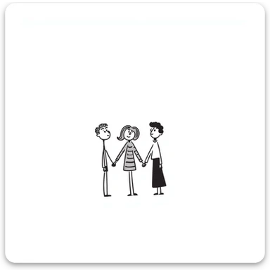 three stick figures holding hands, simple doodle style sticker