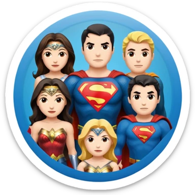Justice League Flash, Wonder Woman, Superman, Aquaman, and Batman standing in a circle in emoji style sticker