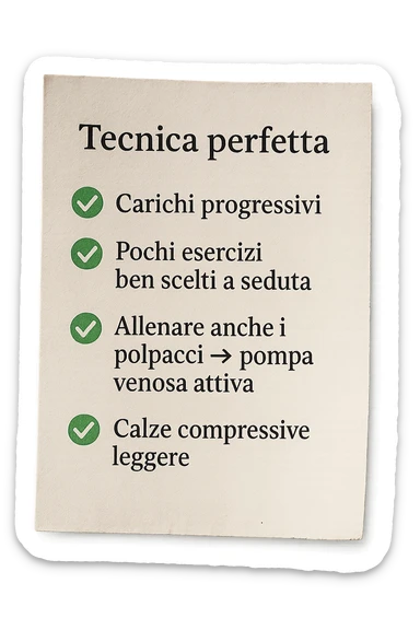 FOGLIO DI CARTA PER L'ALLENAMENTO IN PALESTRA CON LA SCRITTA "Tecnica perfetta
 ✅ Carichi progressivi
 ✅ Pochi esercizi ben scelti a seduta
 ✅ Allenare anche i polpacci → pompa venosa attiva
 ✅ Calze compressive leggere" , IPERREALISTICA 4K sticker