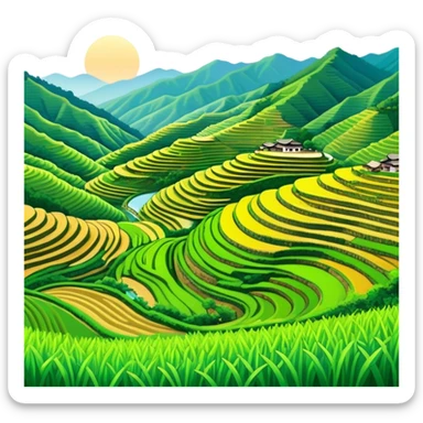 Longji Rice Terraces Guangxi curved farming terraces, simplified emoji style with bold outlines and bright colors, cartoon style layered green fields on mountain sticker
