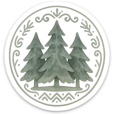 logo illustration of evergreen trees in Slavic folk art style, dark neutral forest color tones, watercolor texture with outlines, suitable for favicon sticker