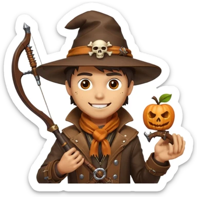 male human monster hunter emoji, wearing brown leather coat and wide hat, holding crossbow, with amulet shaped like skull, Halloween fantasy theme, confident smile, orange scarf, Apple emoji style, clean white background, square image sticker