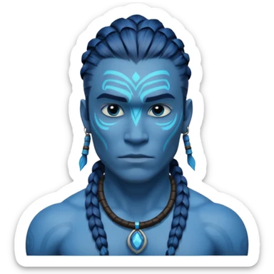 avatar-style Na’vi male portrait, head and shoulders only, blue skin, bioluminescent markings, strong face features, braided hair, tribal necklace, heroic expression, 3D cartoon, mobile game icon style, clean background, no text, no watermark
 sticker