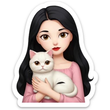 Beautiful Girl Long Hair black, Brows Big , Skin White, Dress Pale Pink , Big Red Lips, EyesCoffe , Hug Little baby Persa Cream Cat With Cute Eyes sticker