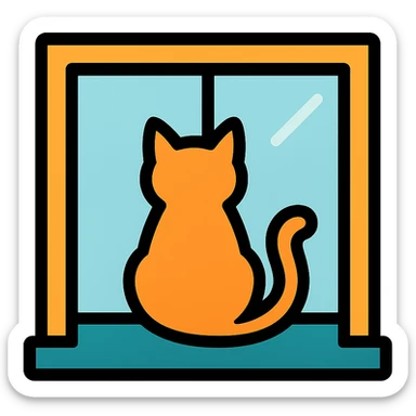 color outline icon of a cat at a window with clean lines sticker