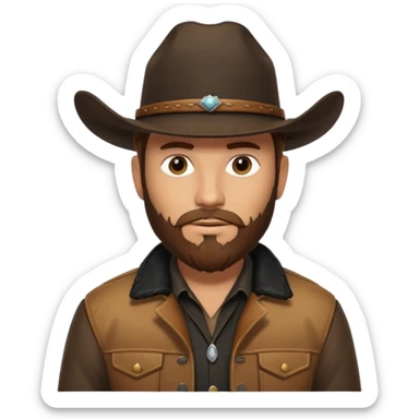 yellowstone ranch cowboy with brown beard, black cowboy hat with no rope and no jewel, black shirt, and leather tan jacket sticker