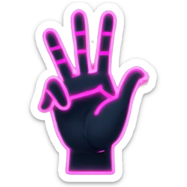 Create a minimalist emoji-style hand with a pink neon outline, similar to a peace sign hand but with three fingers raised. The hand should be simple, cartoonish, and have a soft glow to the pink outline against a dark background. sticker
