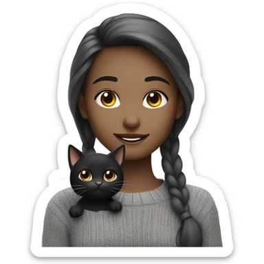 smiling girl in grey sweater with black cat sticker