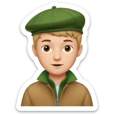 young man with pixie cut, green wool hat, tan jacket and pork chop sideburns sticker