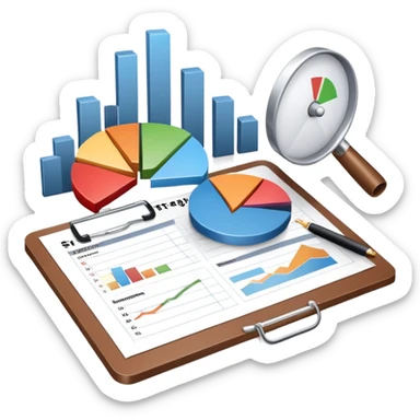 An icon featuring a pie chart, a megaphone, and a clipboard with strategy plans, symbolizing management and marketing. The design includes upward-trending graphs set against a modern office backdrop. Transparent background emphasizes business strategy and communication. sticker