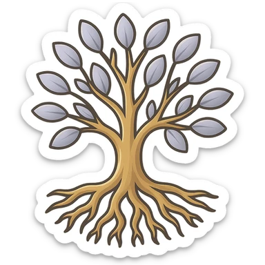 Create a tree similar to the reference image but with fewer leaves and roots. Use the icon-color-outlined style with clear contours, pastel colors, volume, shadows and highlights, detailed work, and soft lighting. Ensure the background is transparent and avoid any watercolor effect. sticker