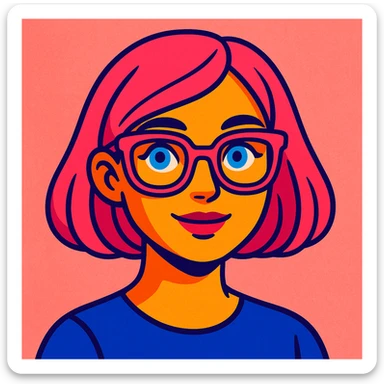 Make her look younger, no fringe on the pink bob haircut, add pink glasses and blue eyes, keep pink salt background, vibrant toon style sticker