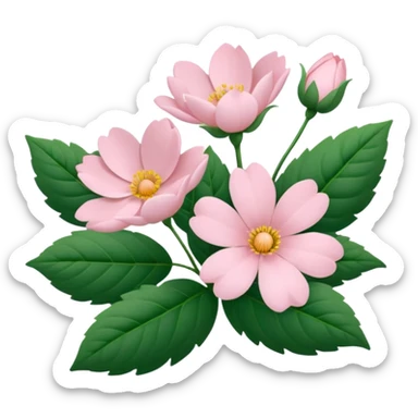 Aesthetic flowers and plants growing from the ground in colours of soft pink matching the deep green leaves (to describe/match with the word flourish) sticker
