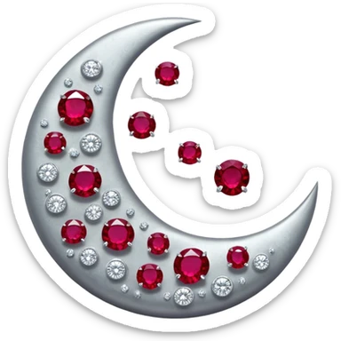 A glowing half-moon illuminates scattered rubies, blending lunar silver with deep crimson. The gemstones shimmer softly, creating a mystical and elegant scene. sticker