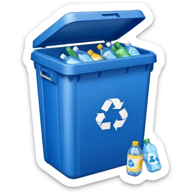 blue recycling bin with lid closed sticker