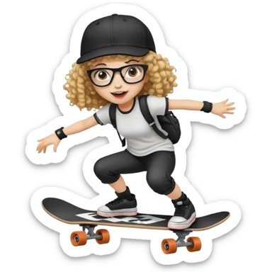 ["An excited girl with light skin, curly hair, wearing a baseball cap and square glasses, dressed in goth fashion, is skateboarding while holding a camera."] Pixal sticker