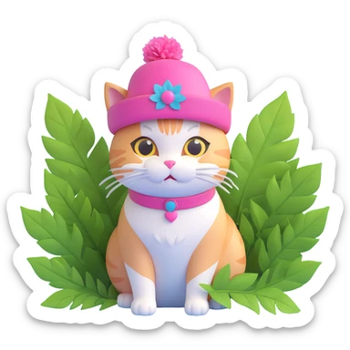 A cat with a pink hat and green leaves, light blue background sticker