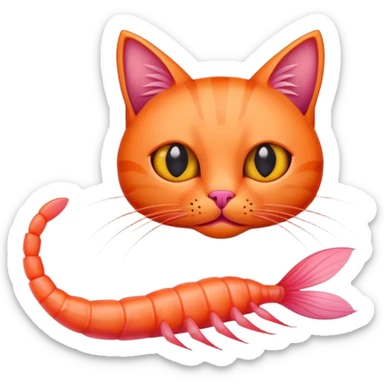 shrimp with a cat head, pink shrimp body with orange cat face sticker