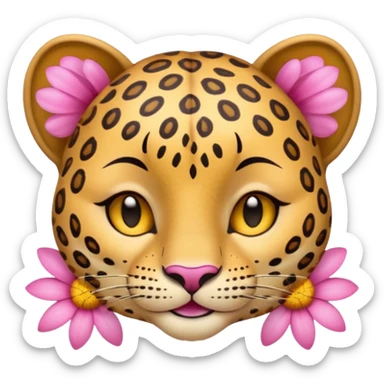 A cutE leopard face with EYES CLOSED and a peaceful smile. A pink flower with a yellow center is tucked behind its right ear sticker