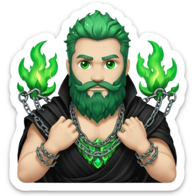 hades greek god with green flames and beard with chains on his arms and neck sticker