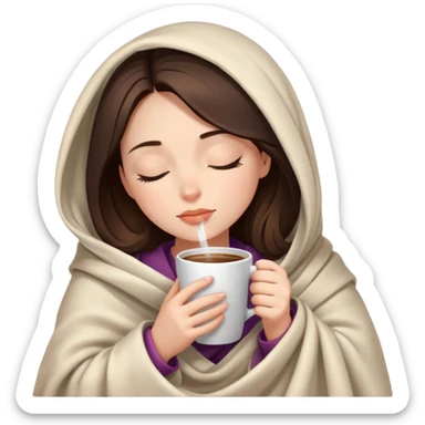 girl inside a blanket sipping coffee eyes closed, brunette with fair skin sticker