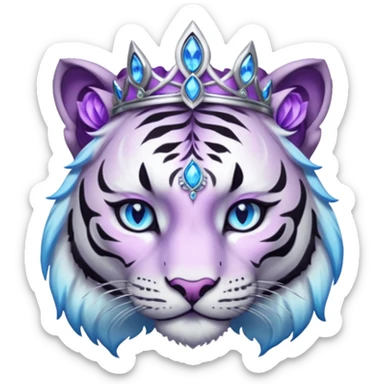 ESO Female white/black tiger khajiit leader of the umbral rose, glowing blue eyes, glowing blue 'third eye' gem; beautiful desined purple gemmed silver tiara sticker
