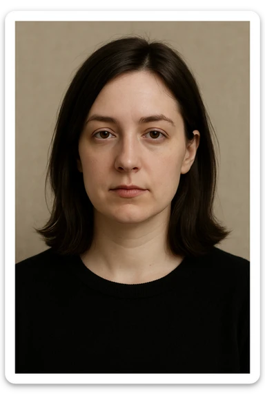 portrait of a white lady with dark brown shoulder length hair, neutral expression, simple background sticker