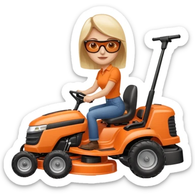 White woman on orange ride on lawn mower cutting lawn sticker