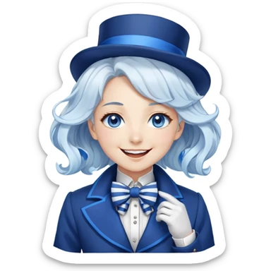 Beautiful gorgeous anime lady with white wavy hair with thin blue stripes, blue eyes, blue short top hat with a blue bow tie, smug grin, laughing, happy, blue coat, blue cravat, white gloves sticker