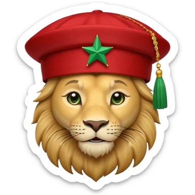 Cute lion emoji face wearing a Red Moroccan fez hat with a flat top, straight sides, a green five-pointed star on the front, and a thin black tassel hanging from the right side. sticker