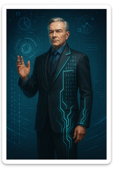 a data Governor, depicted as a dignified figure blending elements of authority and digital data, with a futuristic touch sticker