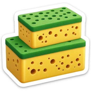 one or two cleaning sponges, rectangular, rounded edges, stacked or overlapping, yellow base, green scrub layer, porous and springy, detailed texture, no soap, water, or faces, clean 3D, soft lighting, transparent background, emoji scale sticker