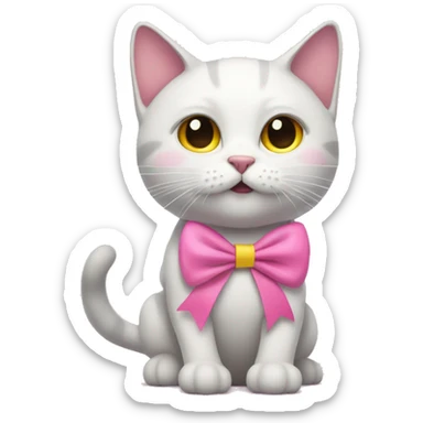 A cat with yellow and white flur wearing a pink ribbon, a bit bubbles around it sticker