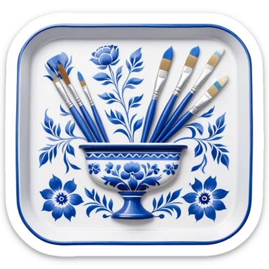 Gzhel-style metal painting icon, hand-painted Gzhel-style metal tray with intricate blue and white floral patterns, visible paintbrush and paint pots, metal surface in the process of being painted, no finished artwork, just the painting process, minimalistic style, clean lines, transparent background. sticker