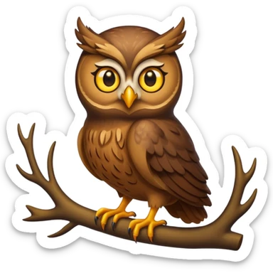Emoji chouette  brun clair, yeux jaunes brillants, bec recourbé, sagesse et puissance, perchée sur un cerf sticker