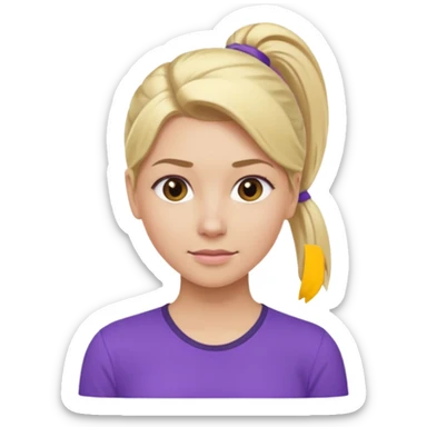 Blond woman with pony tail and purple shirt sticker
